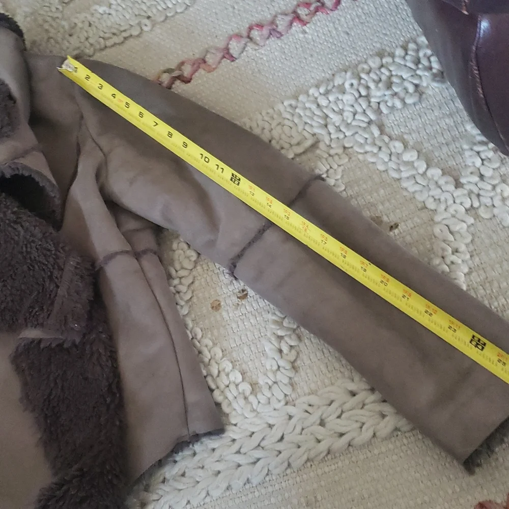Women’s Taupe Faux-Suede Asymmetrical Coat with Black Faux-Fur Trim - Picture 9 of 11